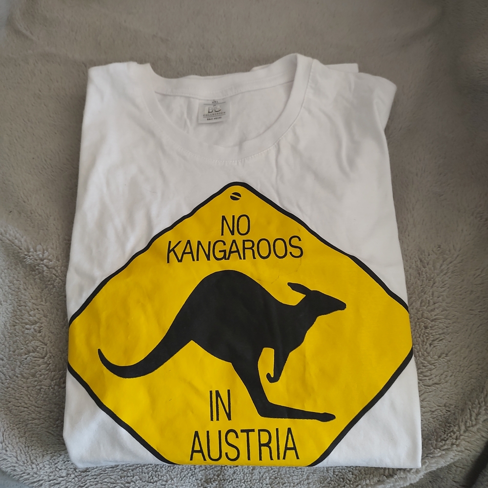 White Short Sleeve Tee with Yellow Kangaroo Sign Graphic